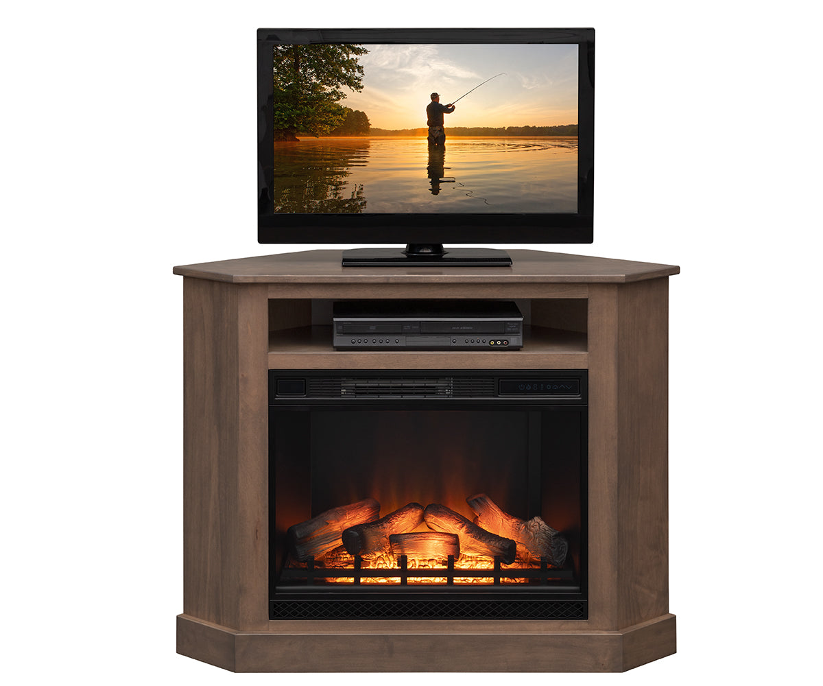 Corner TV stand with electric fireplace and TV displaying a sunset scene.