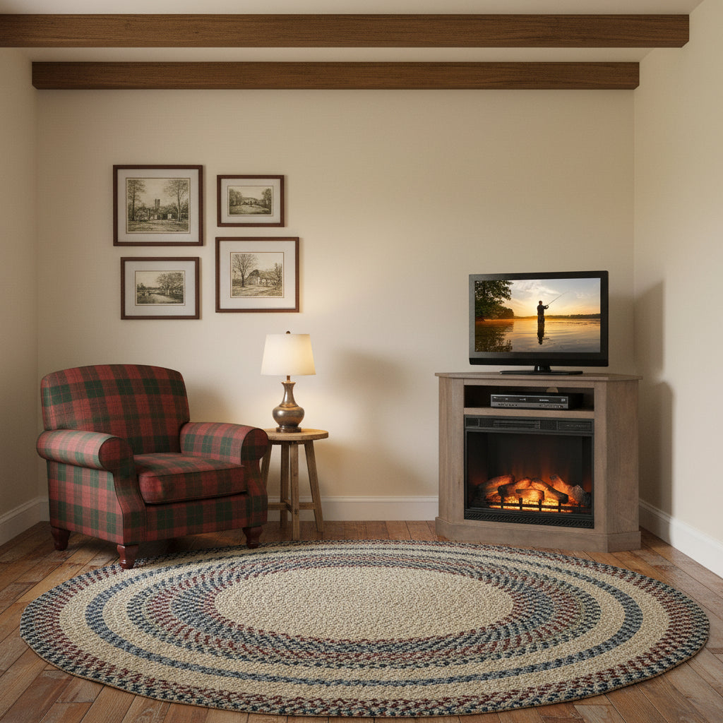 Corner TV stand with electric fireplace and TV displaying a sunset scene.