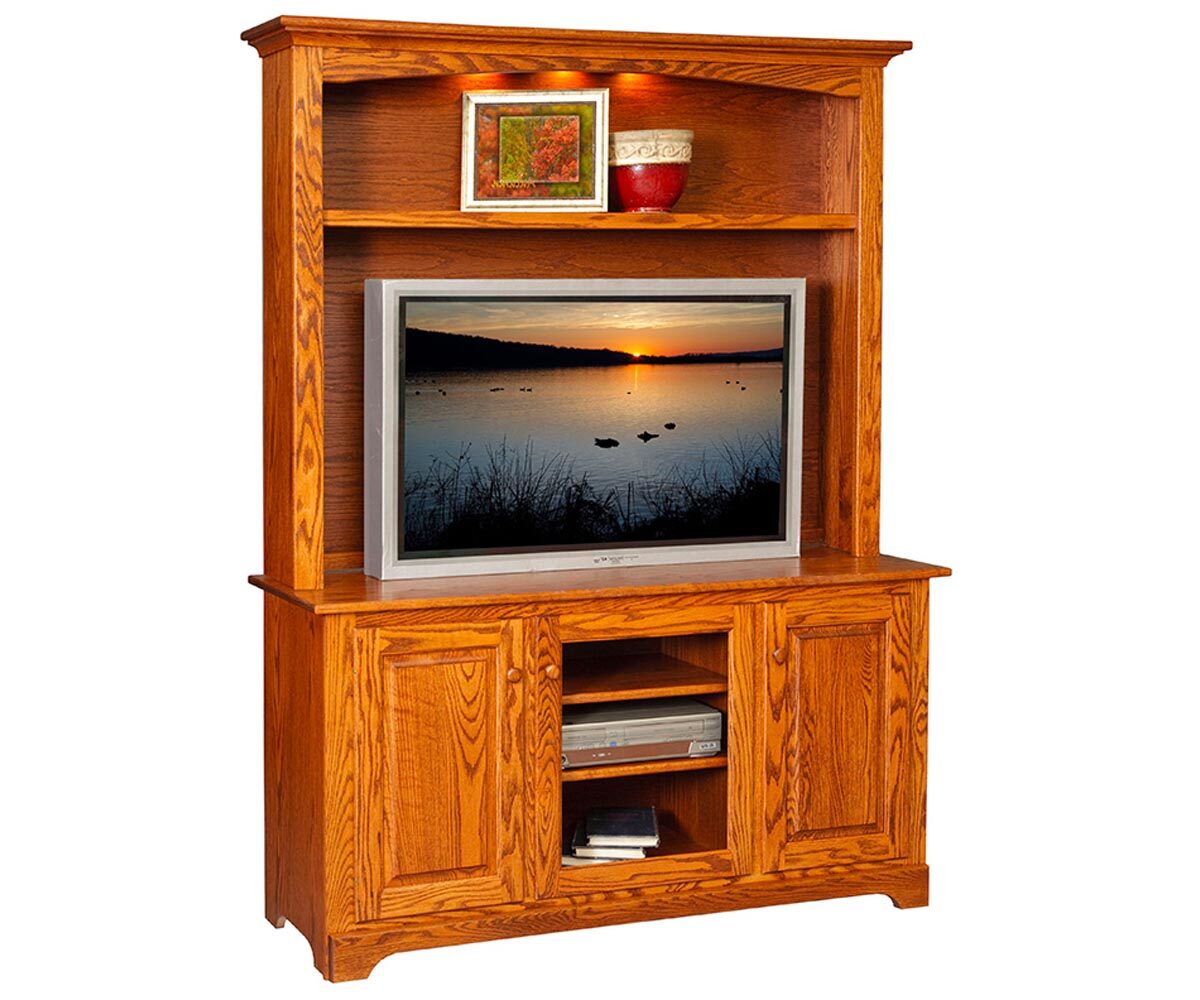 Wooden TV stand with a television displaying a sunset scene, on a white background