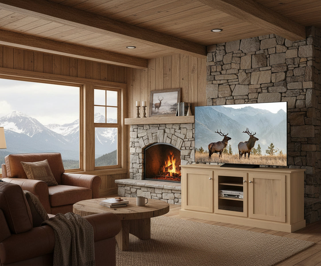 Wooden TV stand with a television displaying two elk in a mountainous landscape.
