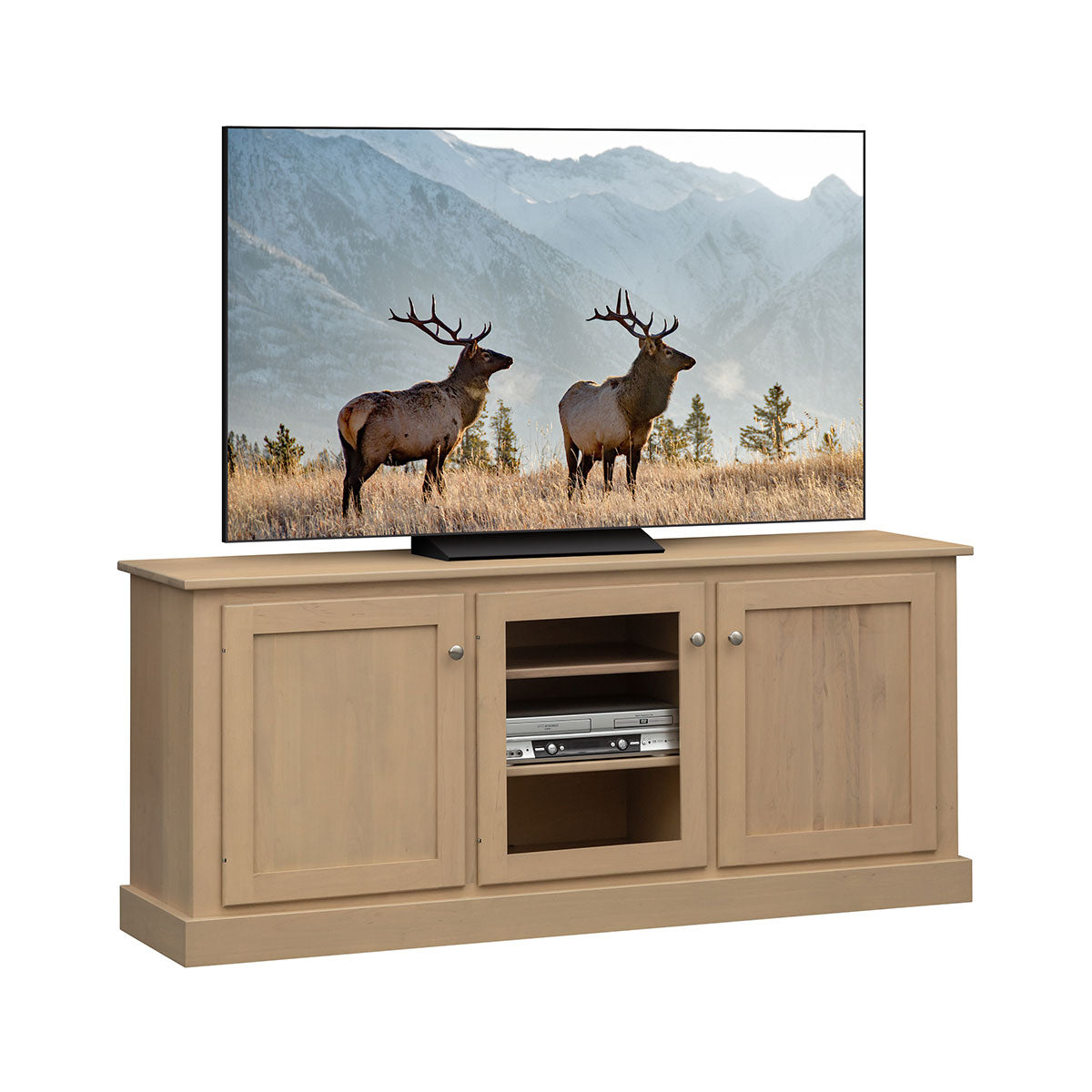 Wooden TV stand with a television displaying two elk in a mountainous landscape.