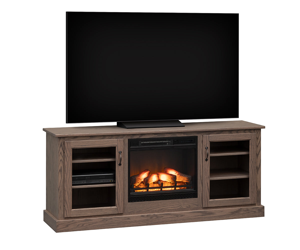 Wooden TV stand with electric fireplace and flat-screen TV on a white background