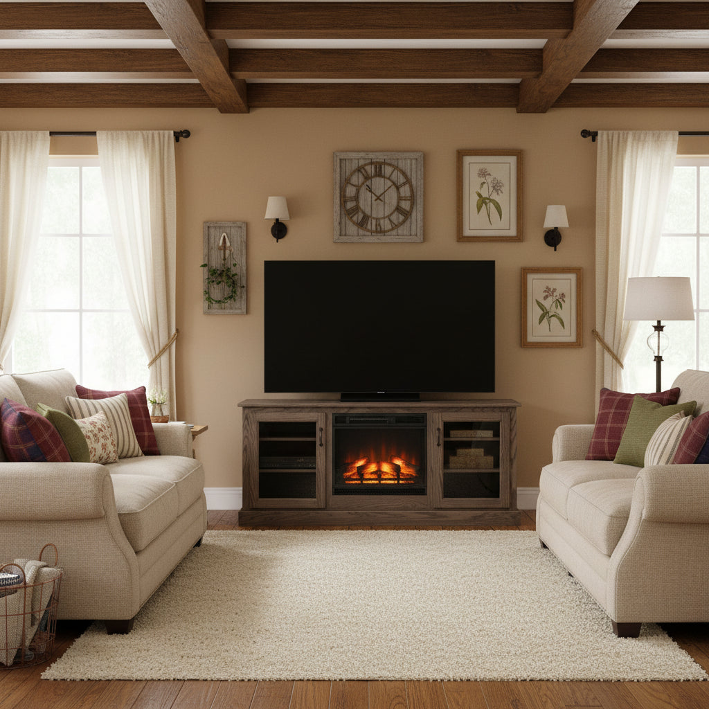 Living room with a fireplace, TV, and decorative pillows.