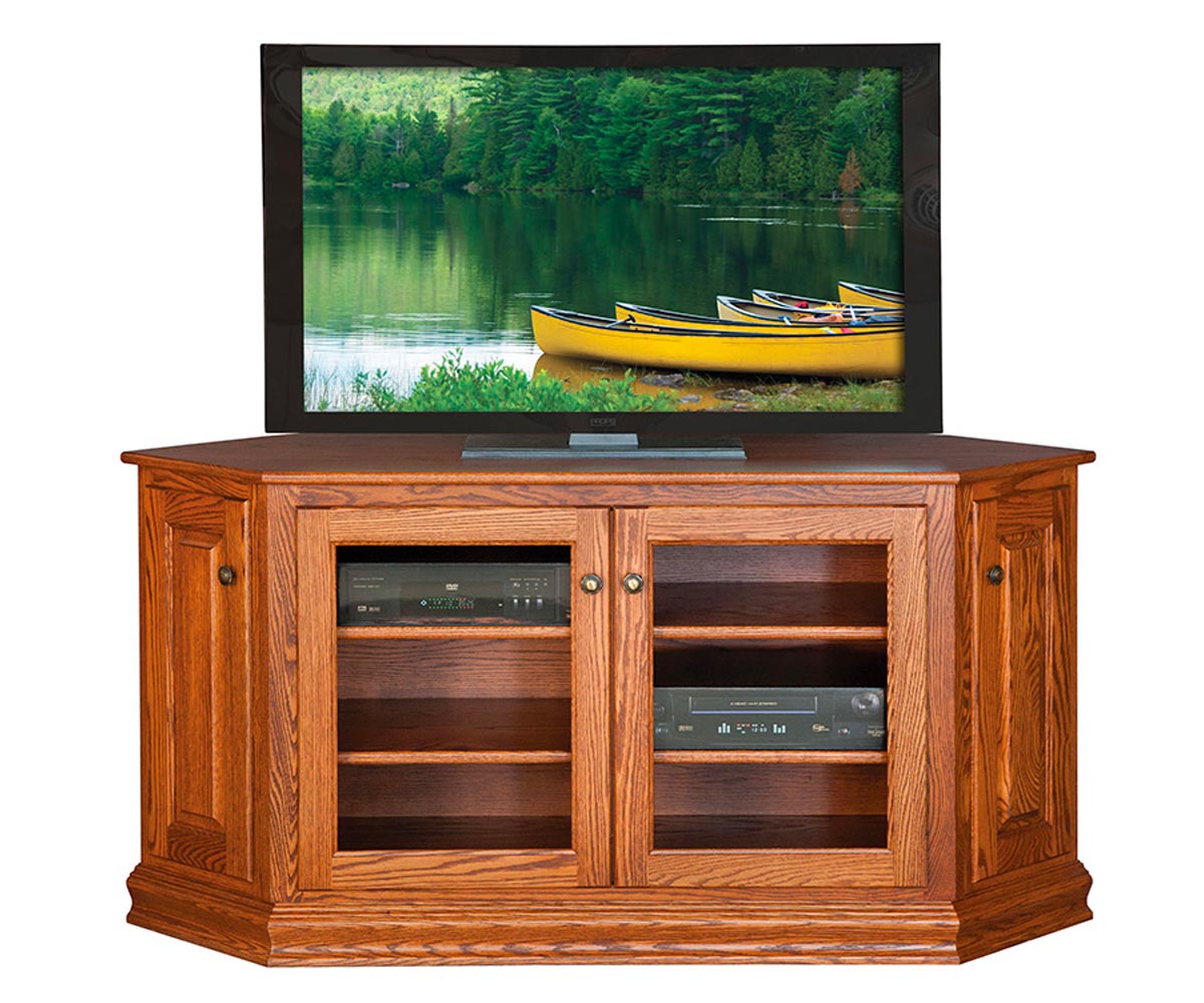 Wooden TV stand with a television displaying a nature scene with canoes.