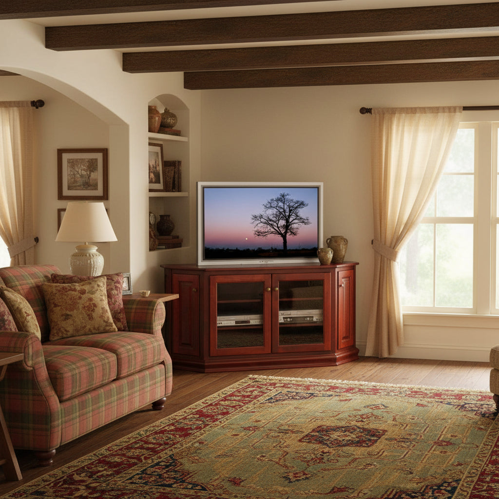 Wooden TV stand with a television displaying a tree silhouette against a sunset sky.
