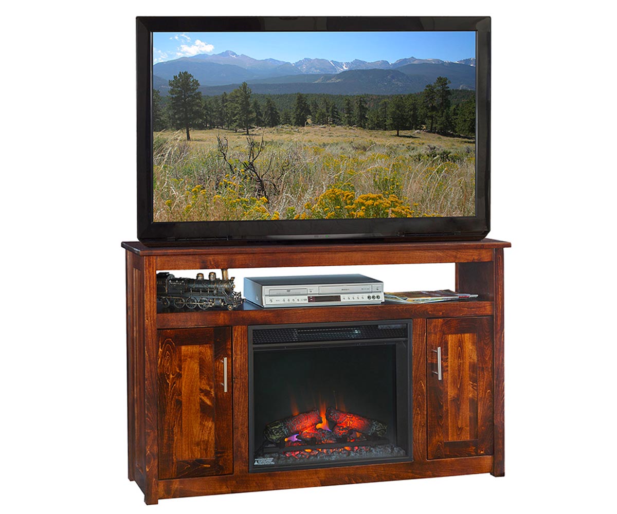 Wooden TV stand with electric fireplace and TV displaying a nature scene.