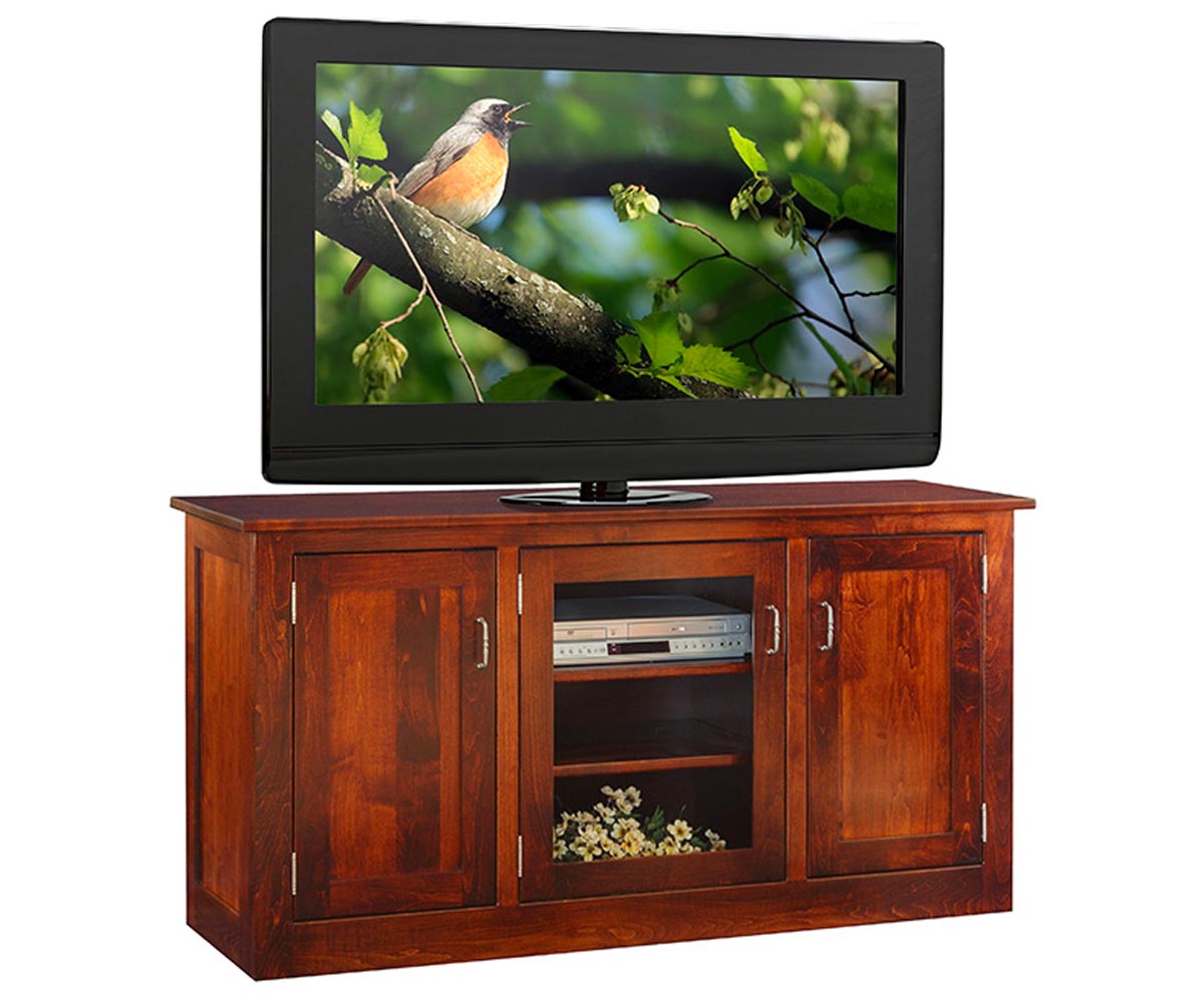 Wooden TV stand with a television displaying a nature scene on a white background