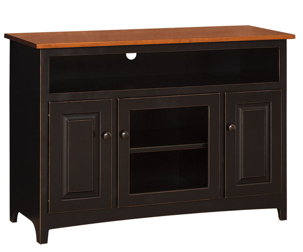 Wooden TV stand with black base on a white background