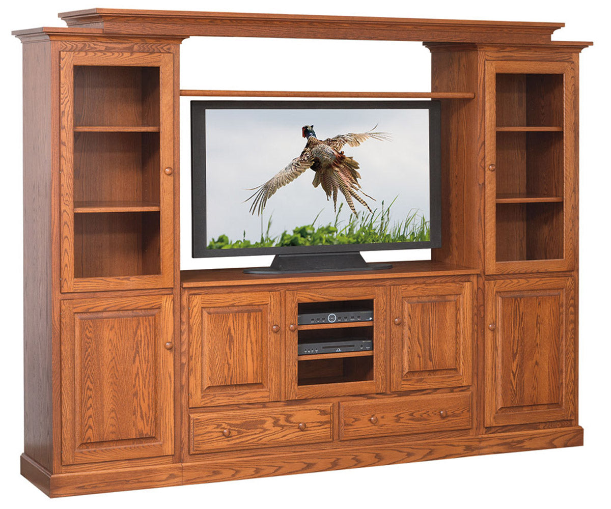 Wooden entertainment center with a TV displaying a bird image on a white background