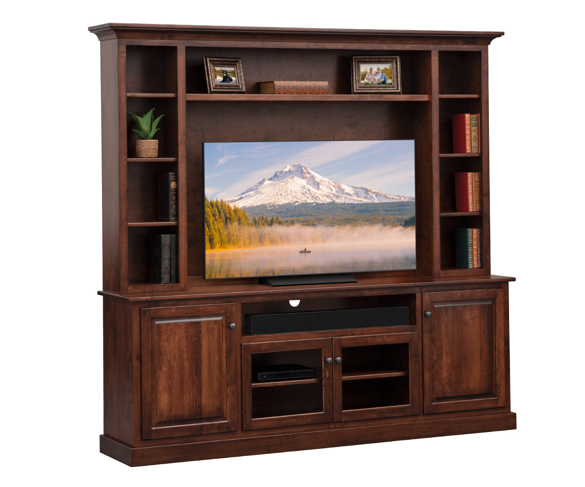 Wooden entertainment center with a TV displaying a mountain scene on a white background