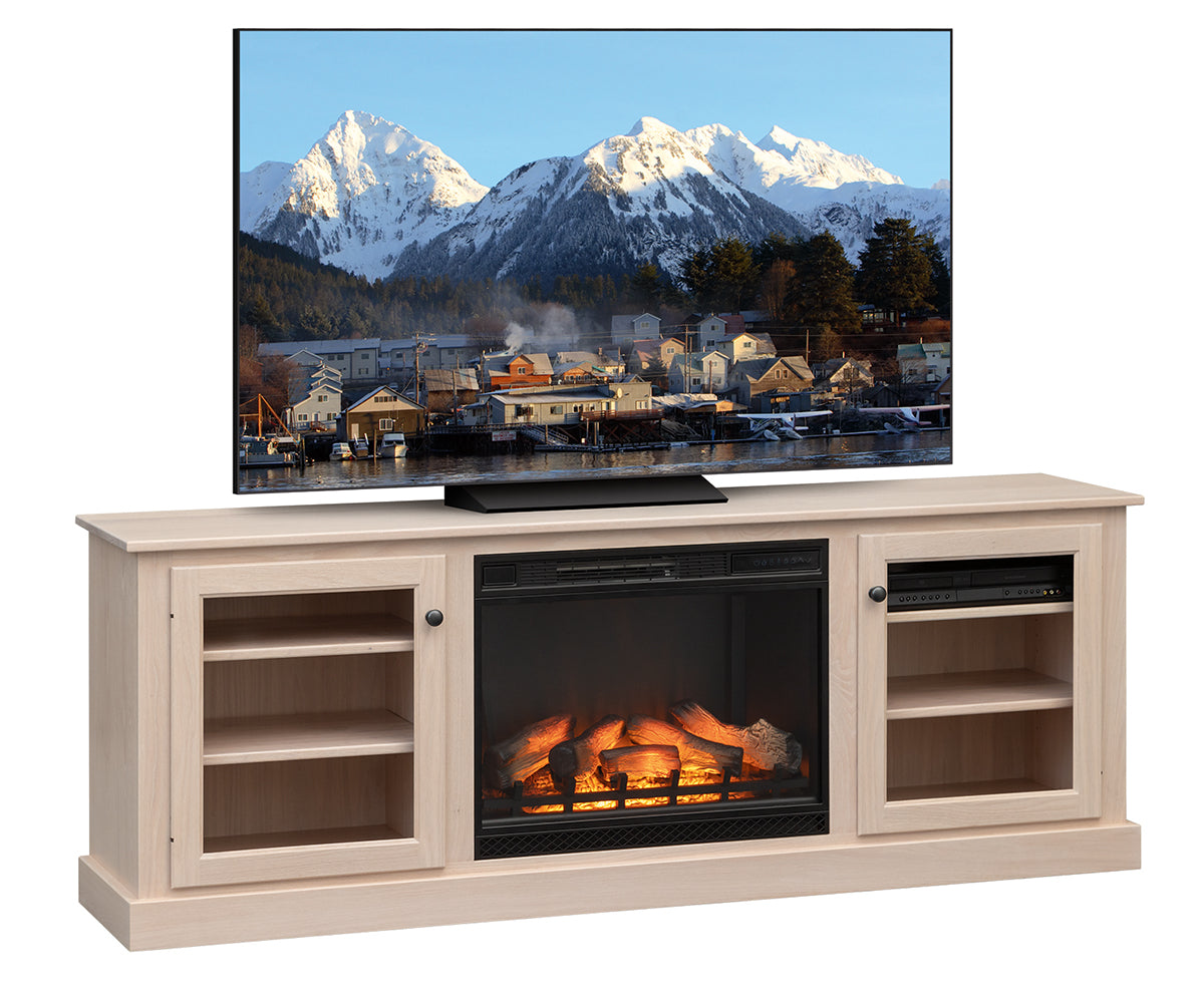 TV on a wooden stand with a fireplace display and mountain scene on screen