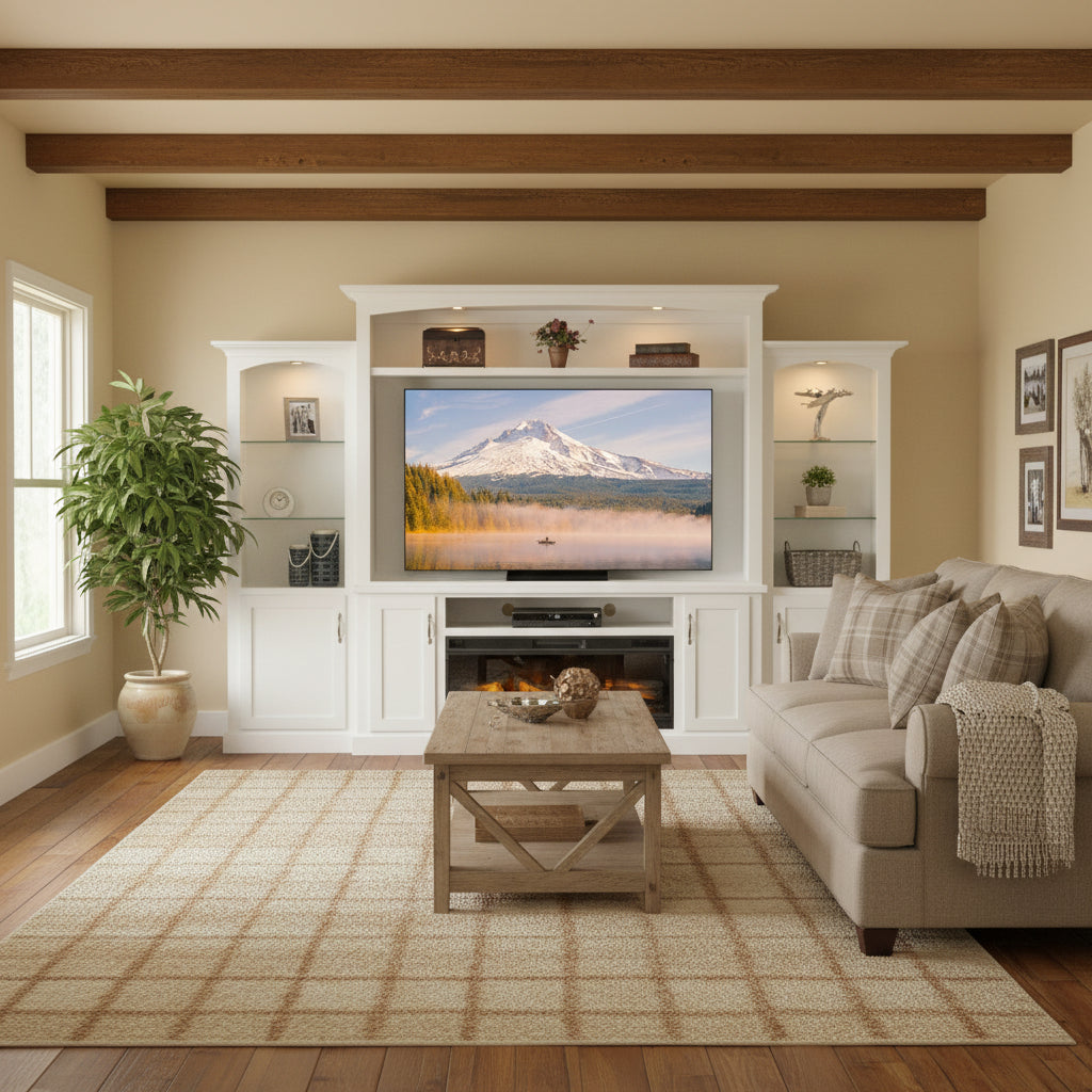 White entertainment center with TV displaying a mountain scene, surrounded by shelves and decorative items.