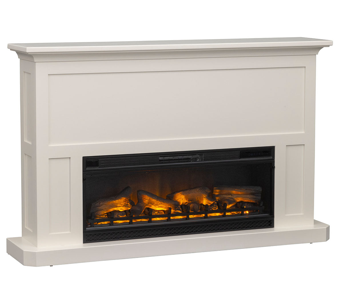 White electric fireplace with decorative items on the mantel against a white background