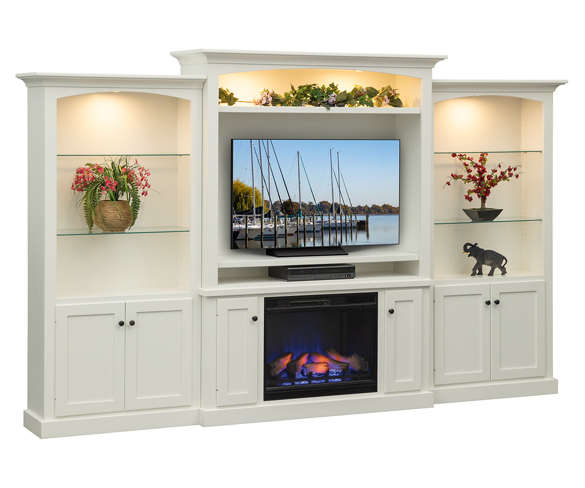 White entertainment center with TV, fireplace, and decorative items on a white background
