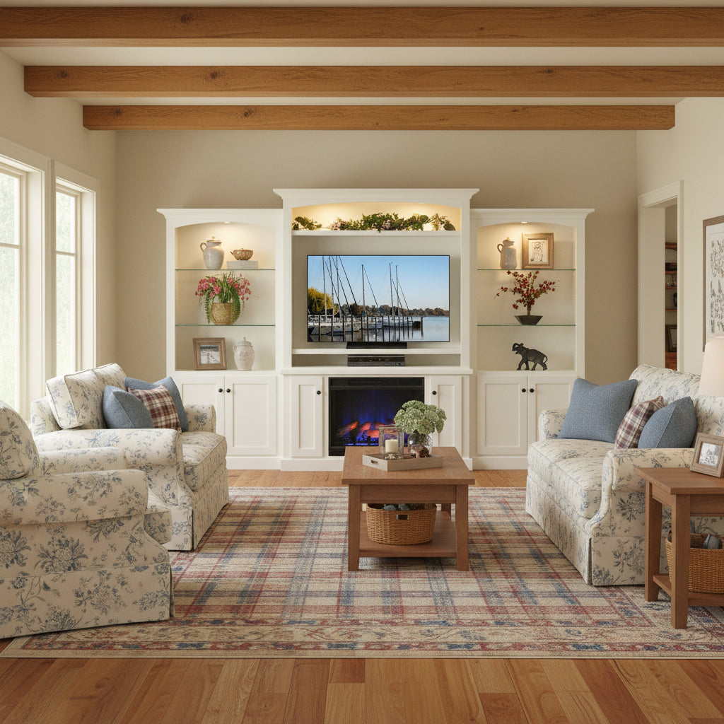 White entertainment center with TV, fireplace, and decorative items on a white background
