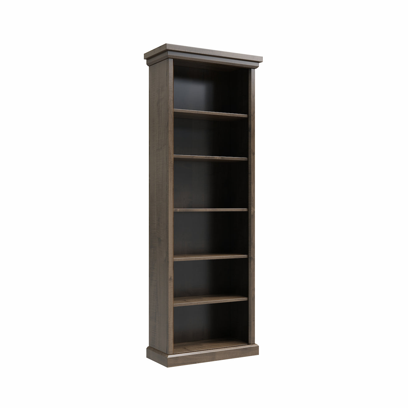 A tall, narrow bookcase with a weathered brown wood finish and five open shelves, shown against a plain white background.