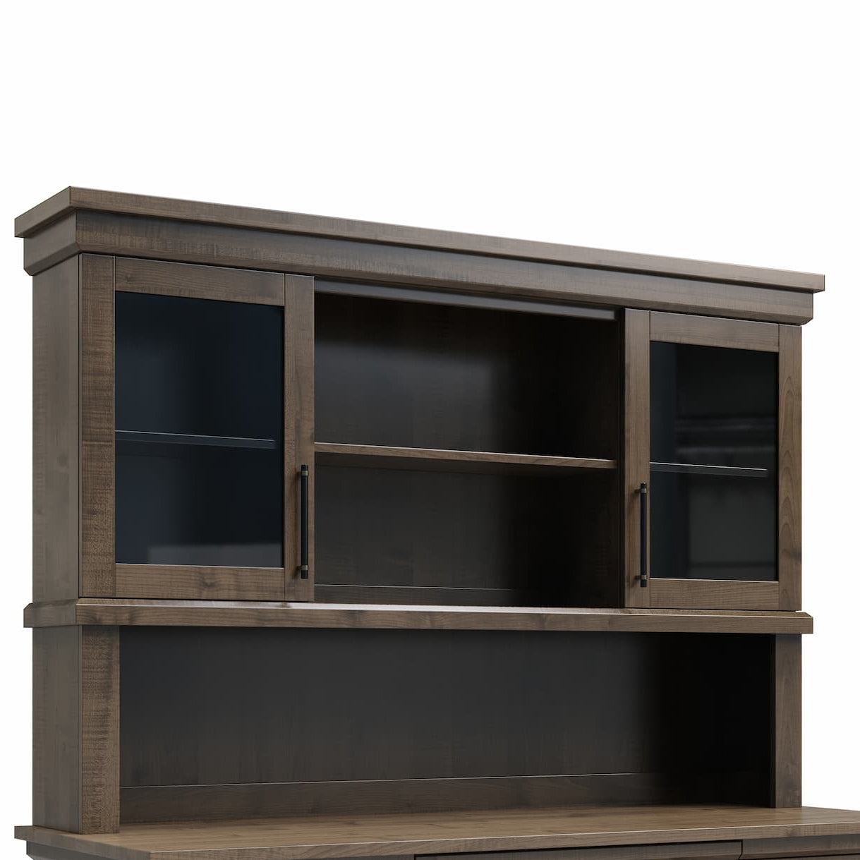 A rustic brown wooden hutch and desk set with dark glass doors, open shelving, and drawers, shown on a plain white background.