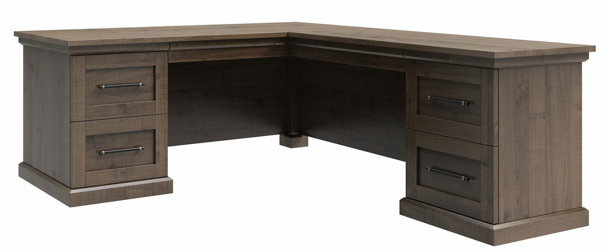 L-shaped corner office desk in a dark brown wood finish with three drawers on each side and a dark center storage area, shown on a plain white background.
