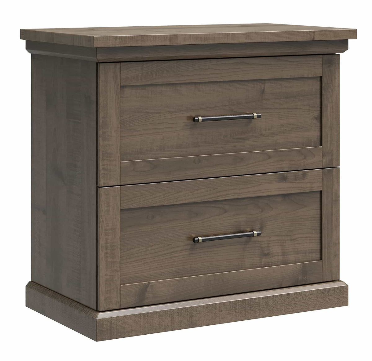 A two-drawer nightstand with a medium brown wood grain finish and silver metal bar handles, shown on a plain white background.