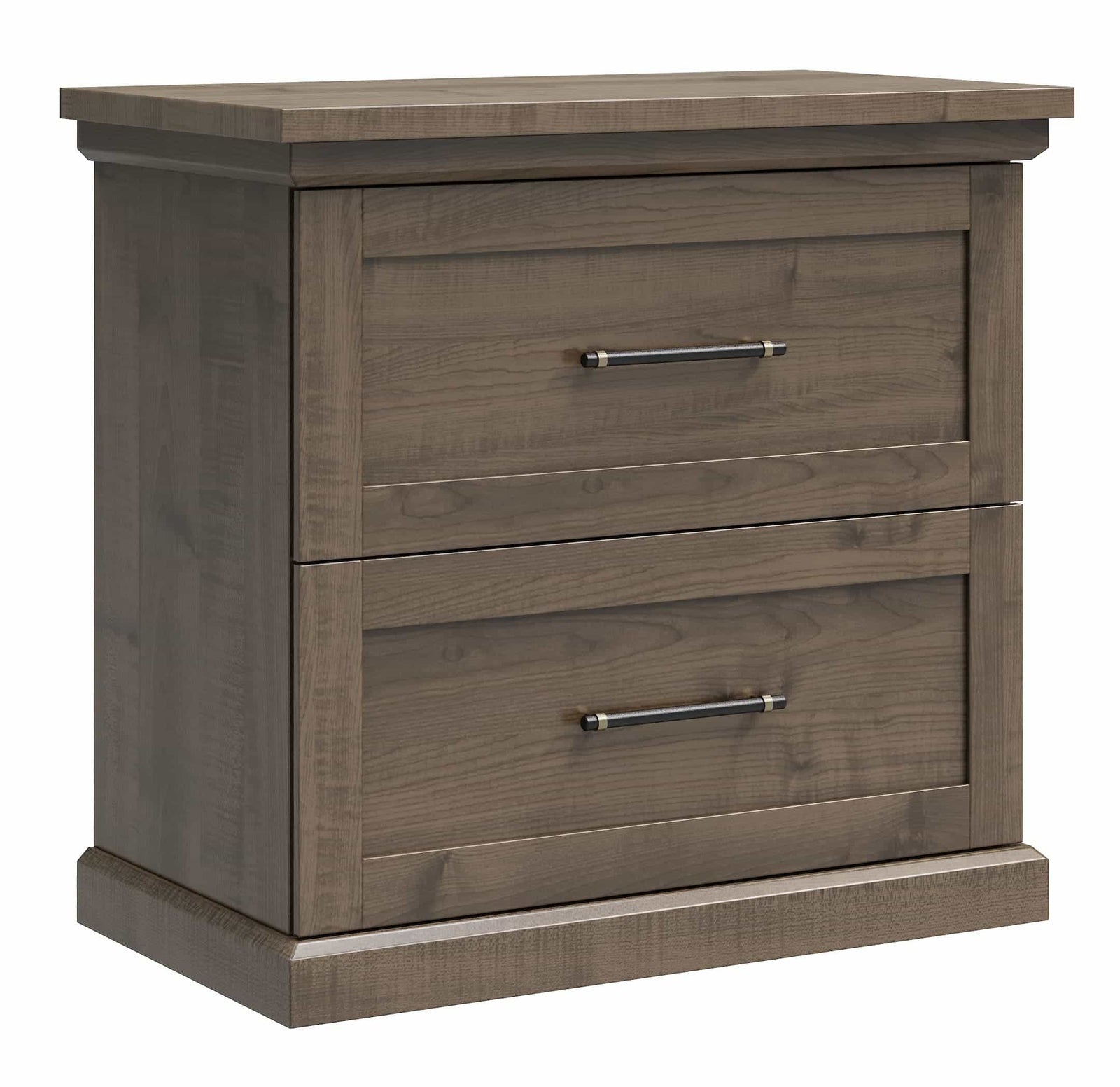 A two-drawer nightstand with a medium brown wood grain finish and silver metal bar handles, shown on a plain white background.