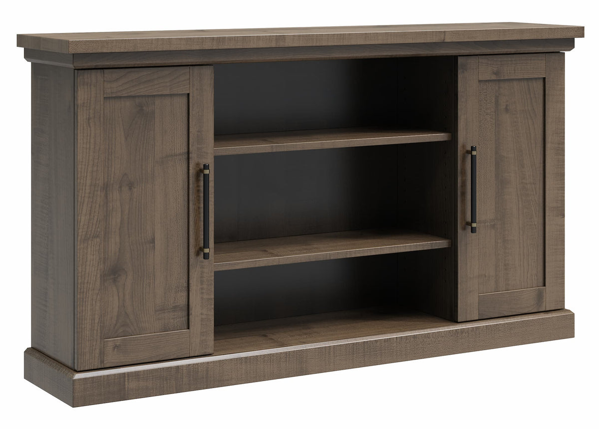 A rustic brown wooden media console with two paneled doors, two open shelves, and dark metal handles, shown on a plain white background.