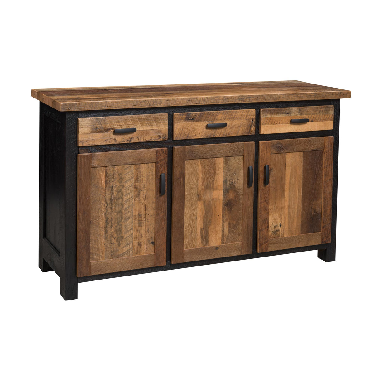 A rustic wooden sideboard cabinet with a medium brown wood grain finish, featuring three drawers on top and three cabinet doors below, framed by a black metal structure with dark metal handles.