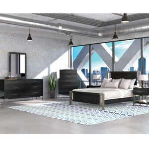Contemporary bedroom set in black wood with silver metal accents, dresser, mirror, chest and nightstands