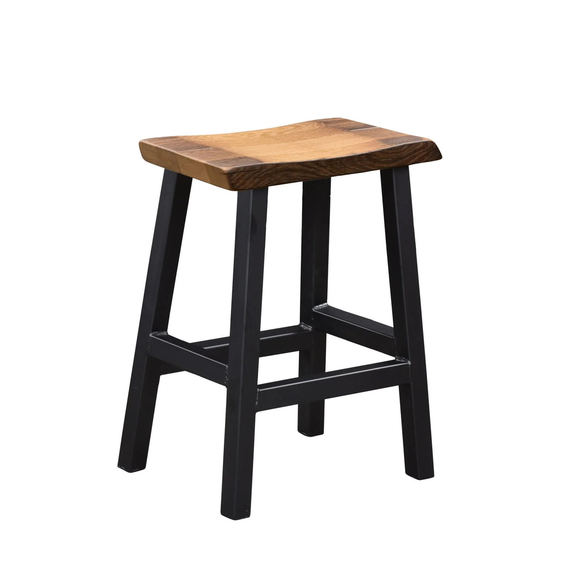 A rustic bar stool with a curved, live-edge wooden seat and a black metal frame with four legs and a front support bar, shown on a plain white background.