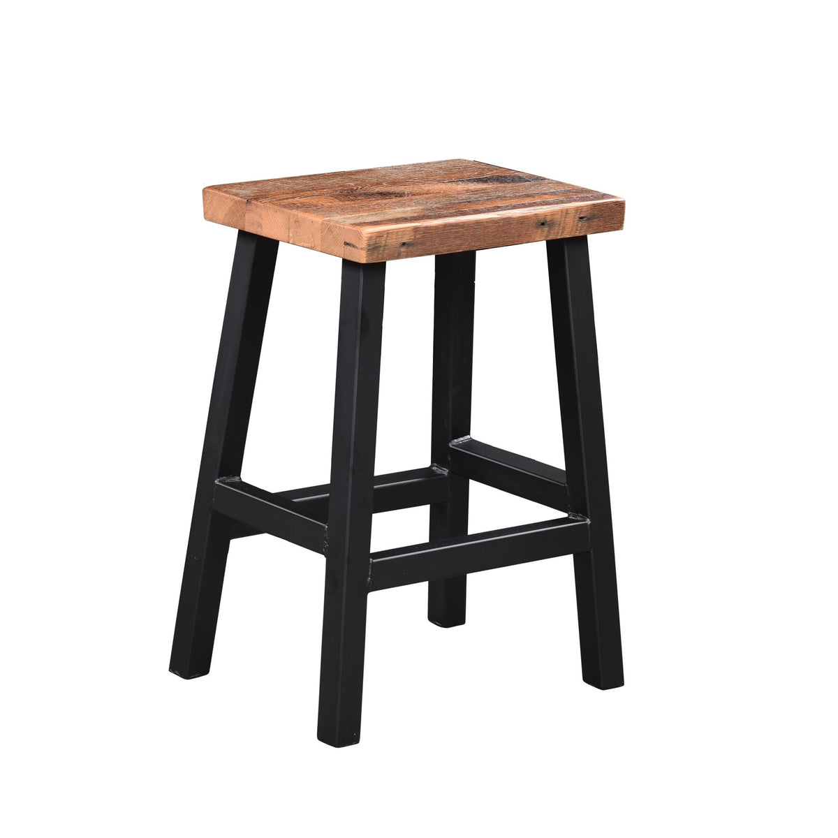 A rustic industrial-style bar stool with a square, weathered brown wooden seat and four black metal legs connected by a front support bar, shown on a plain white background.