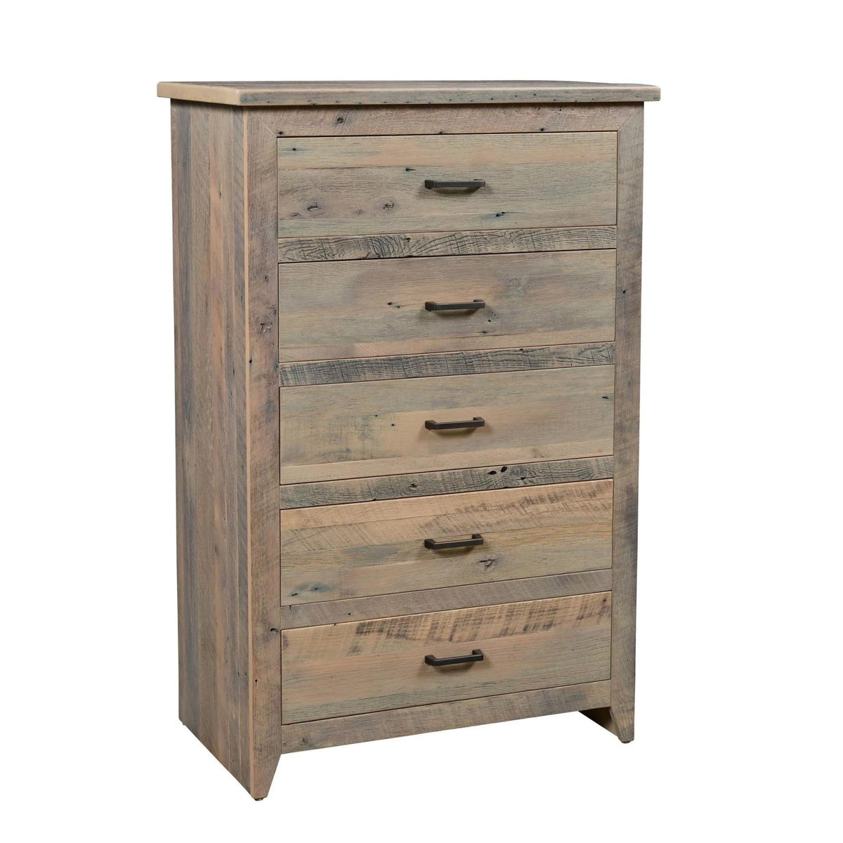 A rustic five-drawer chest of drawers made from weathered reclaimed wood with a light brown and gray finish, featuring dark metal bar handles and a flat top, shown on a plain white background.