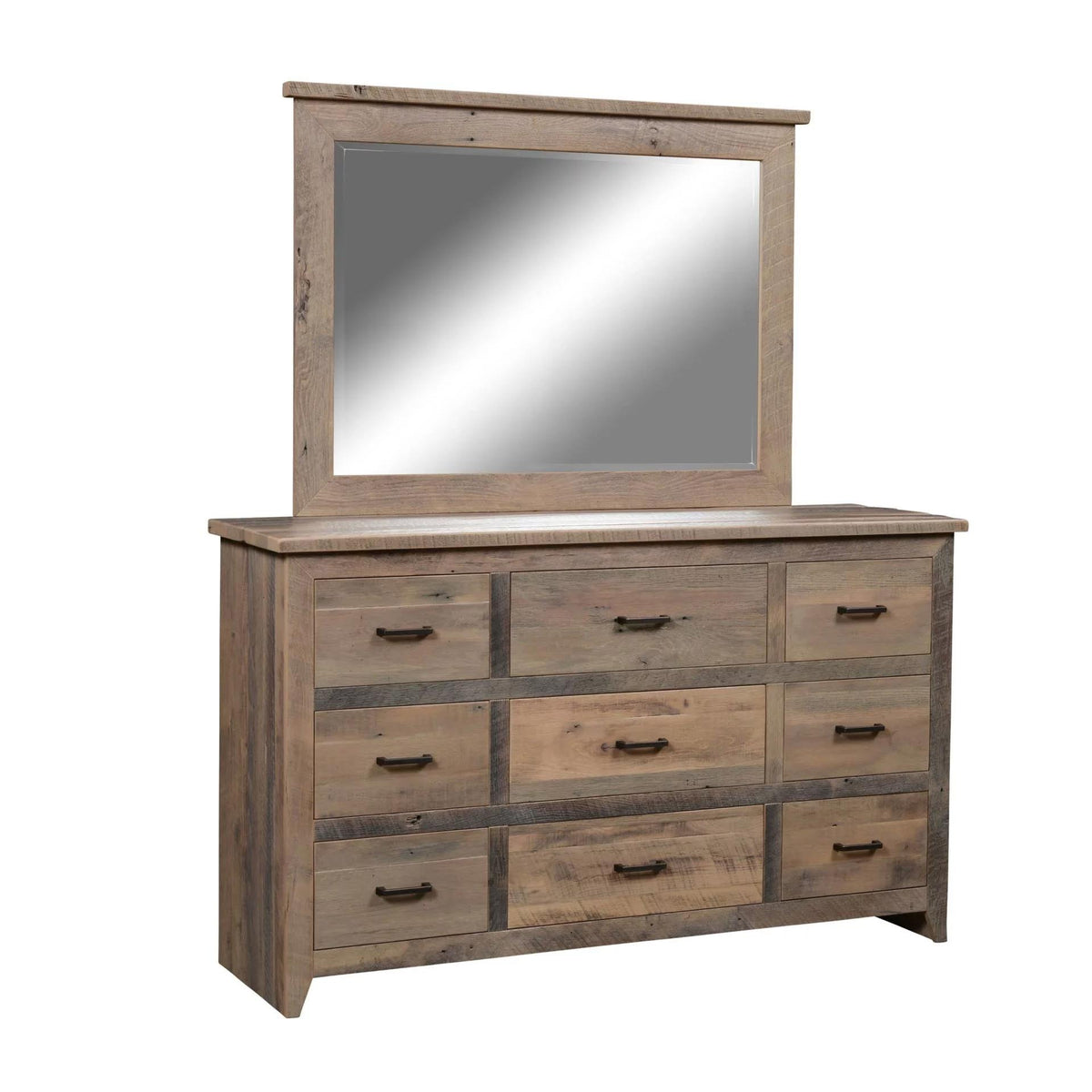 A rustic wood dresser with nine drawers and a matching rectangular mirror, shown on a plain white background.