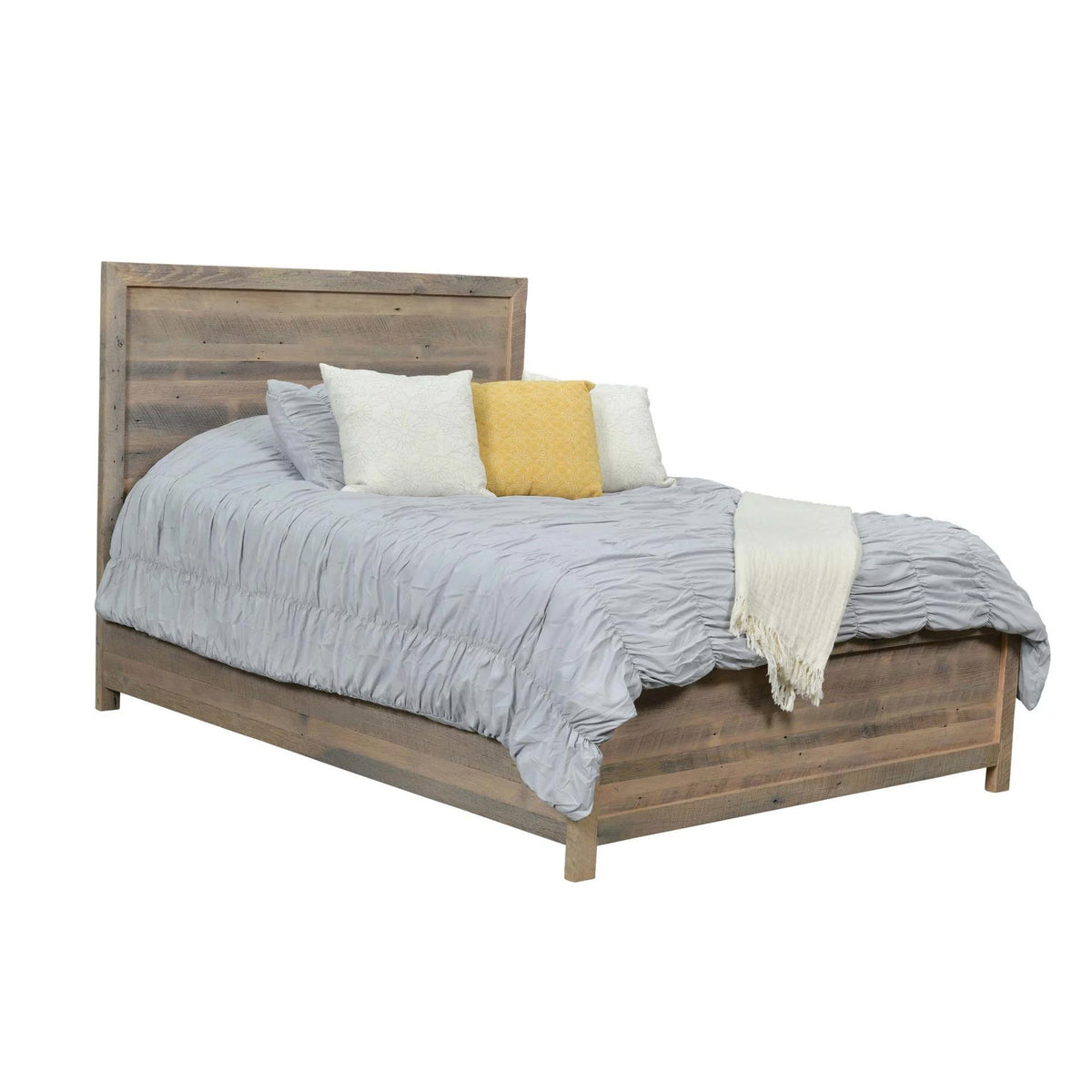 A rustic wooden platform bed with a tall slatted headboard, styled with a gray textured comforter, white pillows, a yellow accent pillow, and a cream throw blanket, shown against a plain white background.