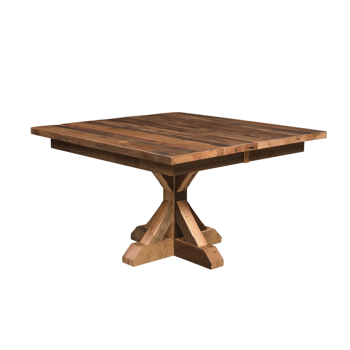 A square wooden dining table with a rustic trestle base, shown from a three-quarters angle on a solid white background.