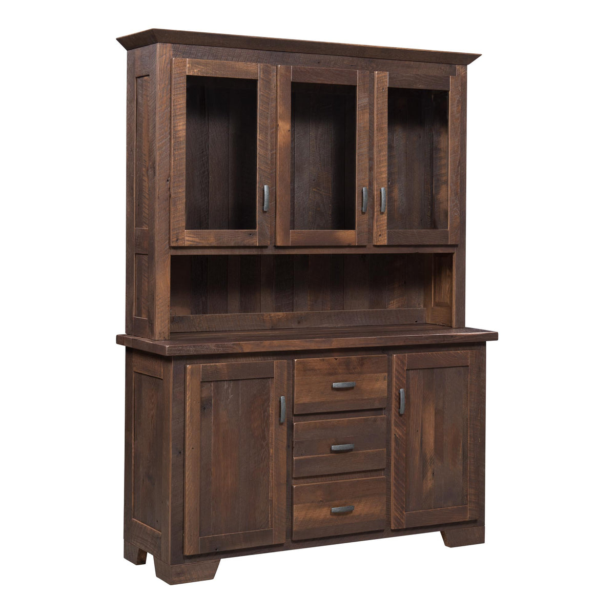 A dark brown wooden hutch cabinet with three upper glass-front doors, an open shelf, three center drawers, and two lower cabinet doors, shown on a plain white background.