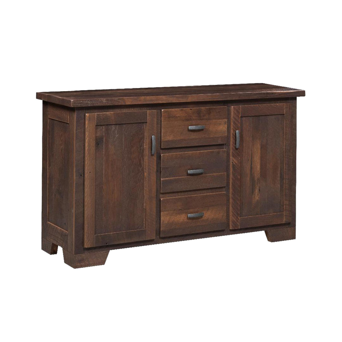 A rustic dark brown wooden sideboard cabinet with two doors and three drawers, featuring dark metal bar handles, shown on a plain white background.