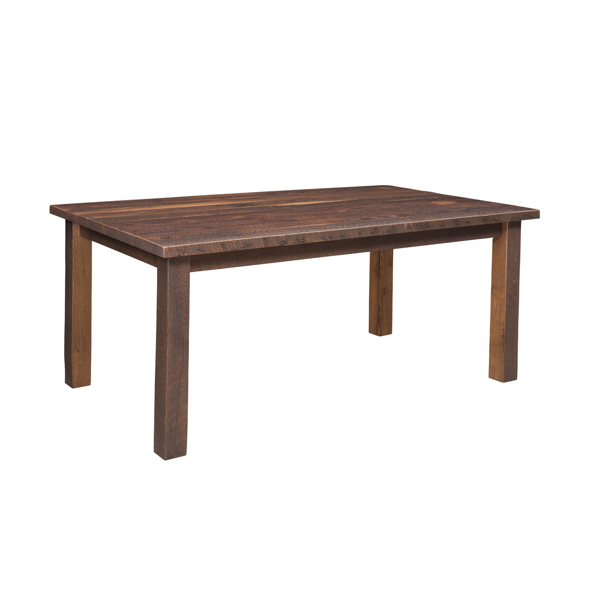 A rectangular wooden dining table with a dark brown finish and four sturdy legs, shown from a three-quarter angle on a plain white background.