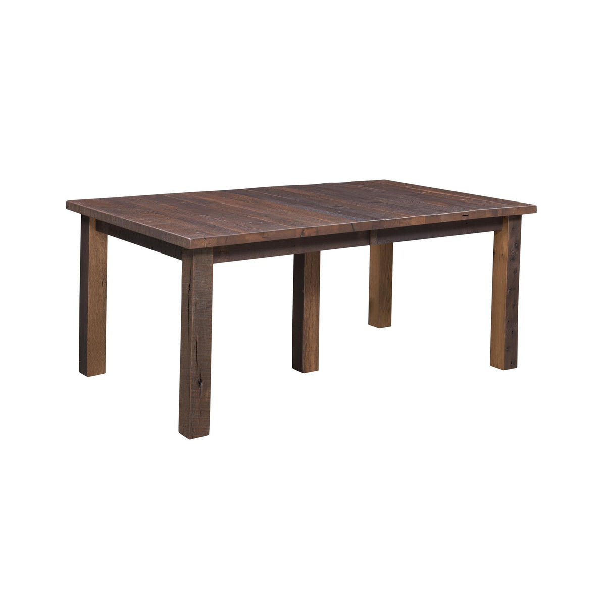A rustic rectangular wooden dining table with a dark brown finish and four sturdy legs, shown on a plain white background.
