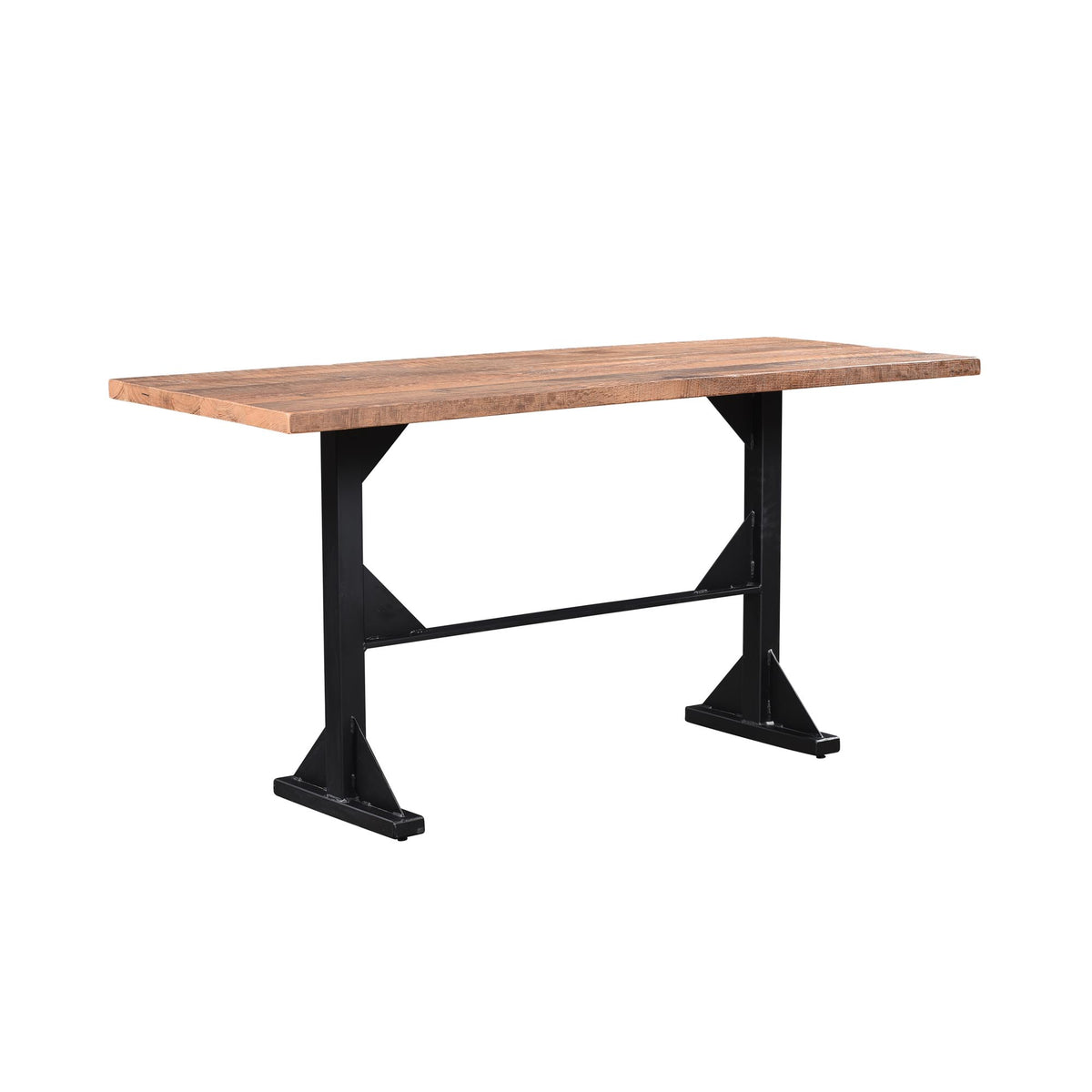 A rectangular table with a natural wood top and a black metal industrial-style base with T-shaped legs and a central support bar, shown on a plain white background.