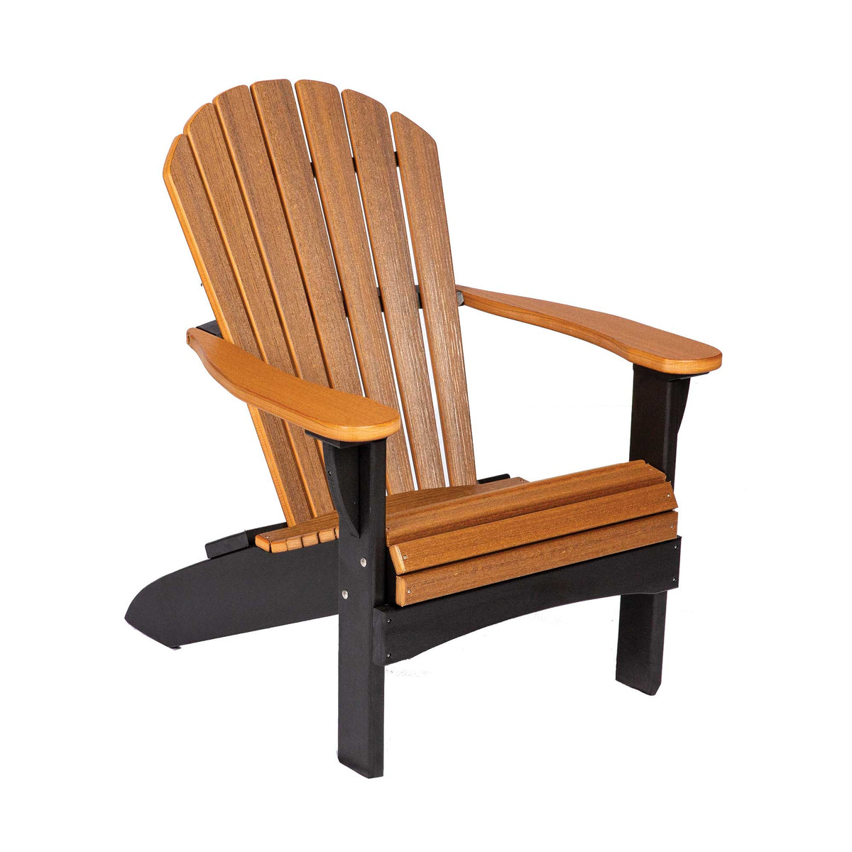 Wooden Adirondack chair with black base on a white background