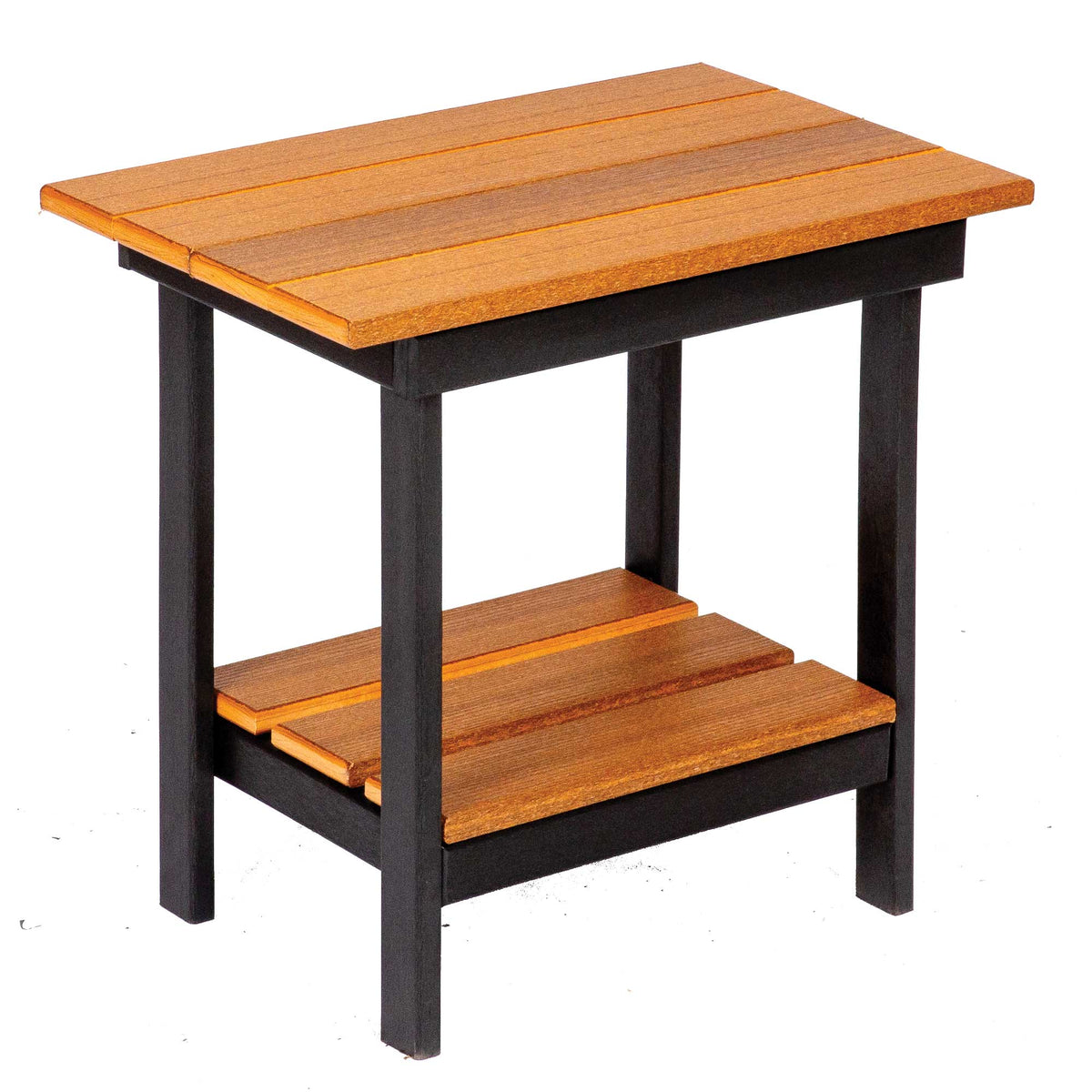 Wooden side table with black frame on a white background