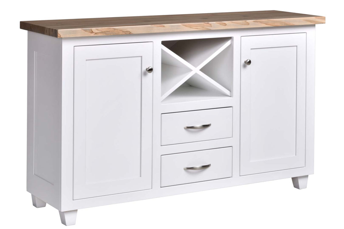 A white wooden sideboard cabinet with a natural wood top, featuring two cabinet doors, two drawers, and an open center compartment with an X-brace shelf, shown on a white background.