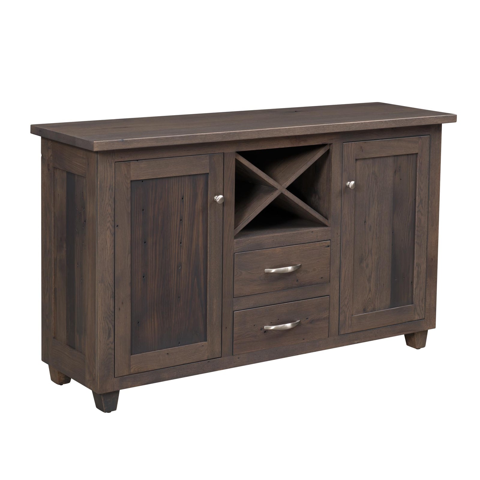 A white wooden sideboard cabinet with a natural wood top, featuring two cabinet doors, two drawers, and an open center compartment with an X-brace shelf, shown on a white background.
