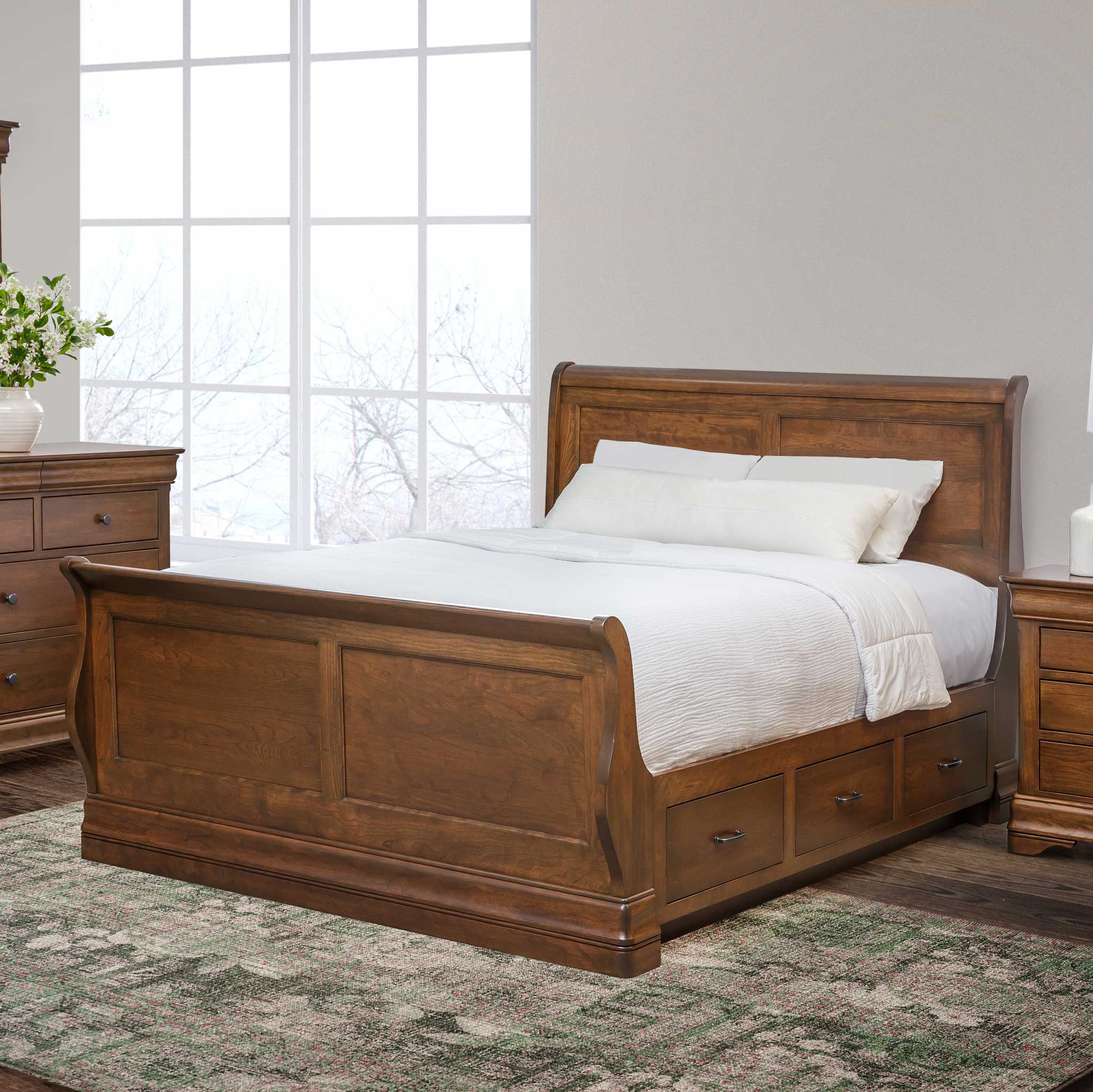 Amish Marseilles Sleigh Platform Captain Storage Bed Amish Marseilles Sleigh Platform Captain Storage Bed