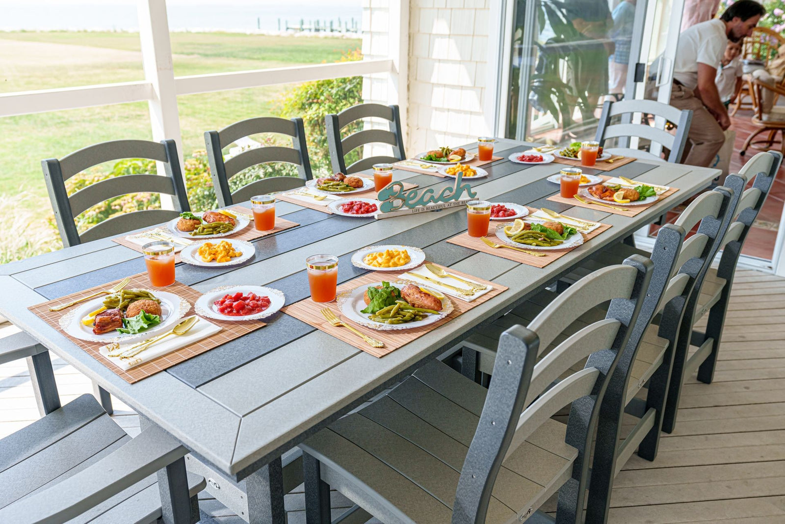 Long Beach poly table shown in another size and height; this listing is the 32" x 96" dining height version (29" tall)