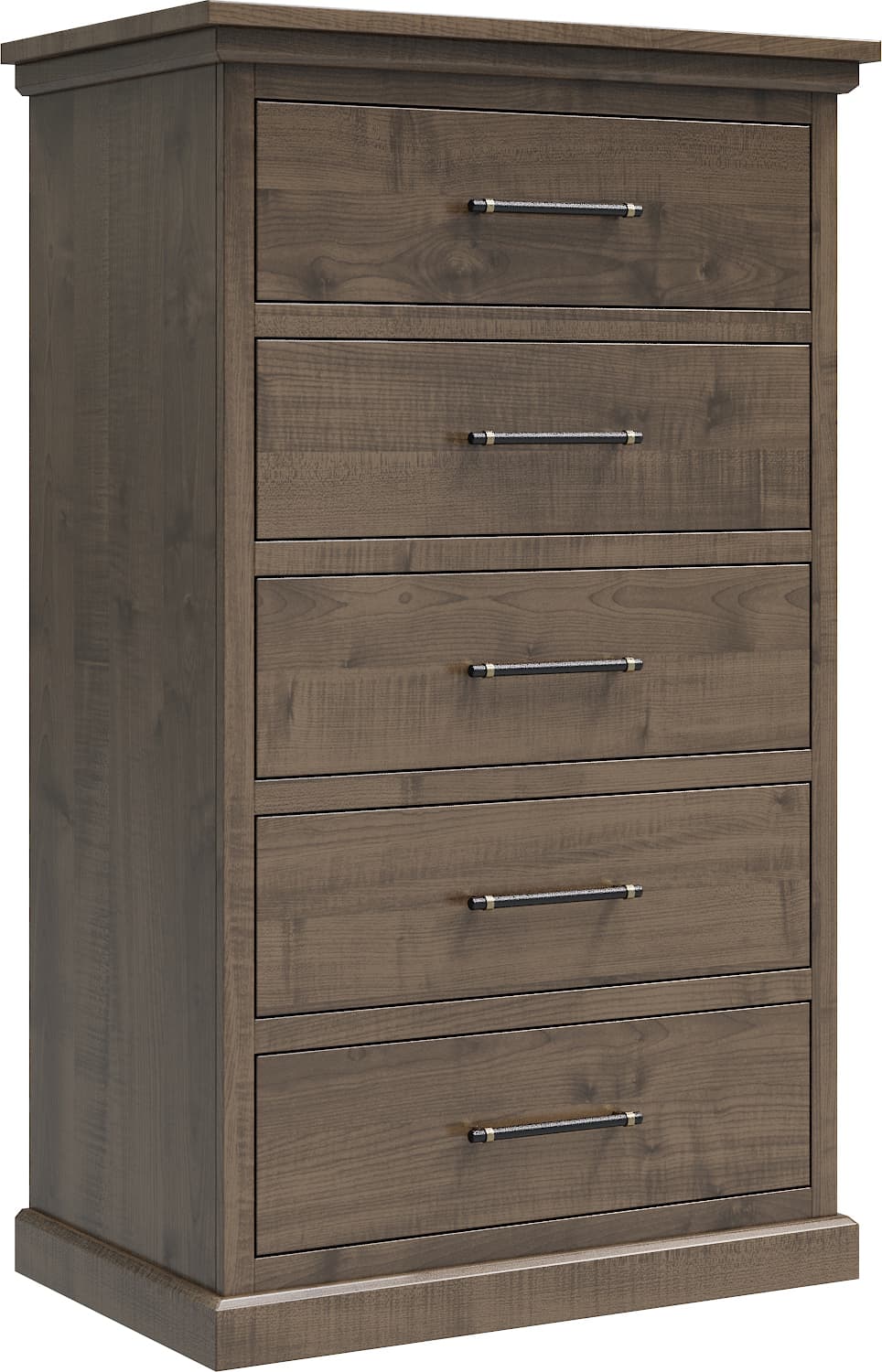 Wooden dresser with five drawers and metal handles on a white background