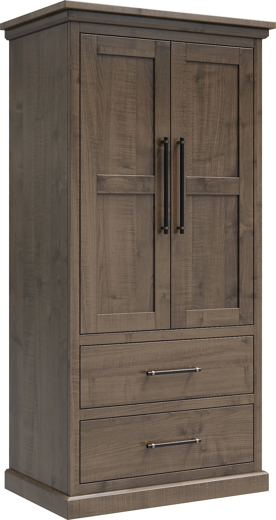Wooden wardrobe with two doors and two drawers on a white background