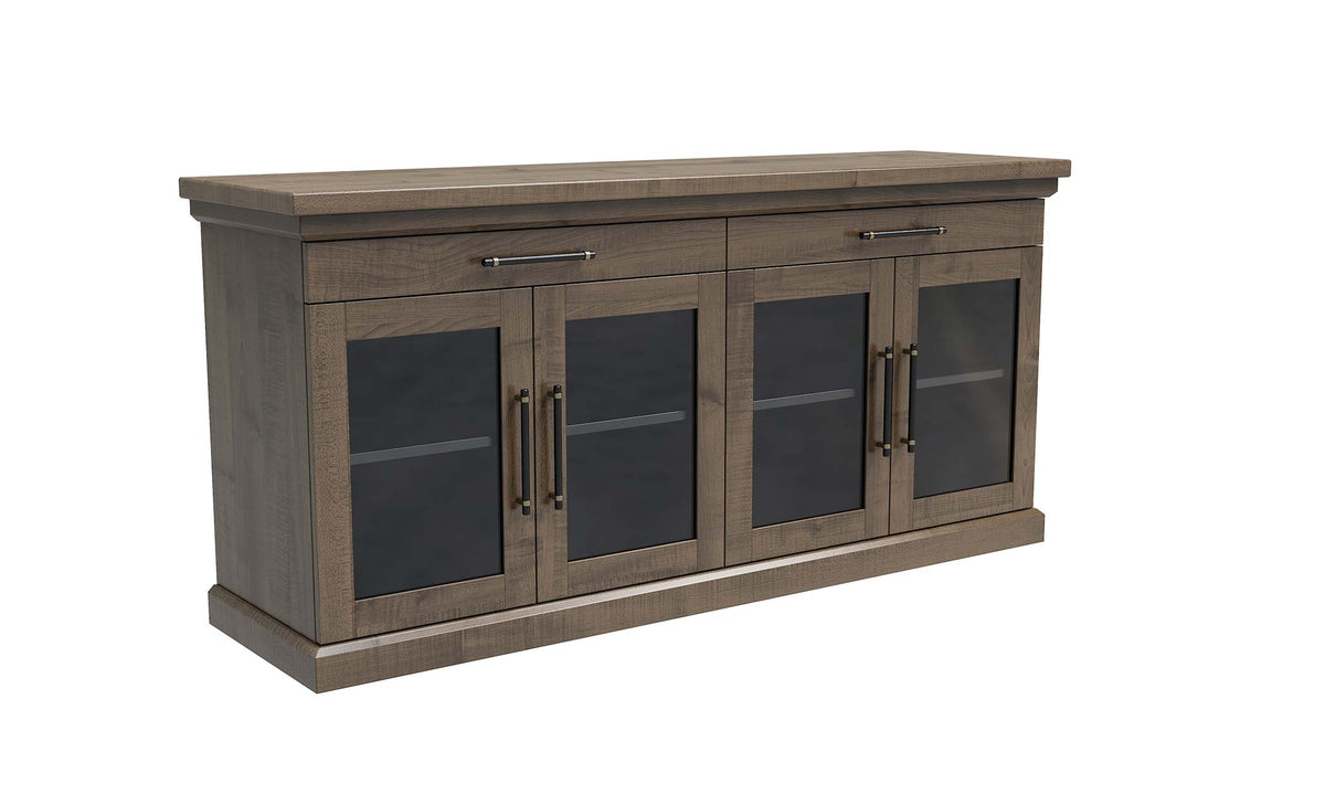 Wooden entertainment console with glass doors on a white background