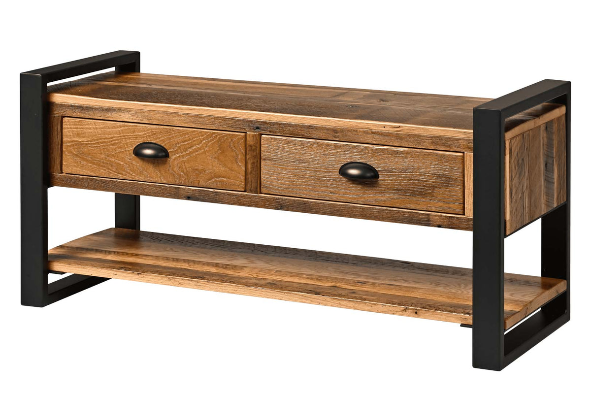 A rustic industrial-style media console with a warm brown wood finish, two drawers with dark metal knobs, and a lower open shelf supported by a black metal frame, shown on a plain white background.