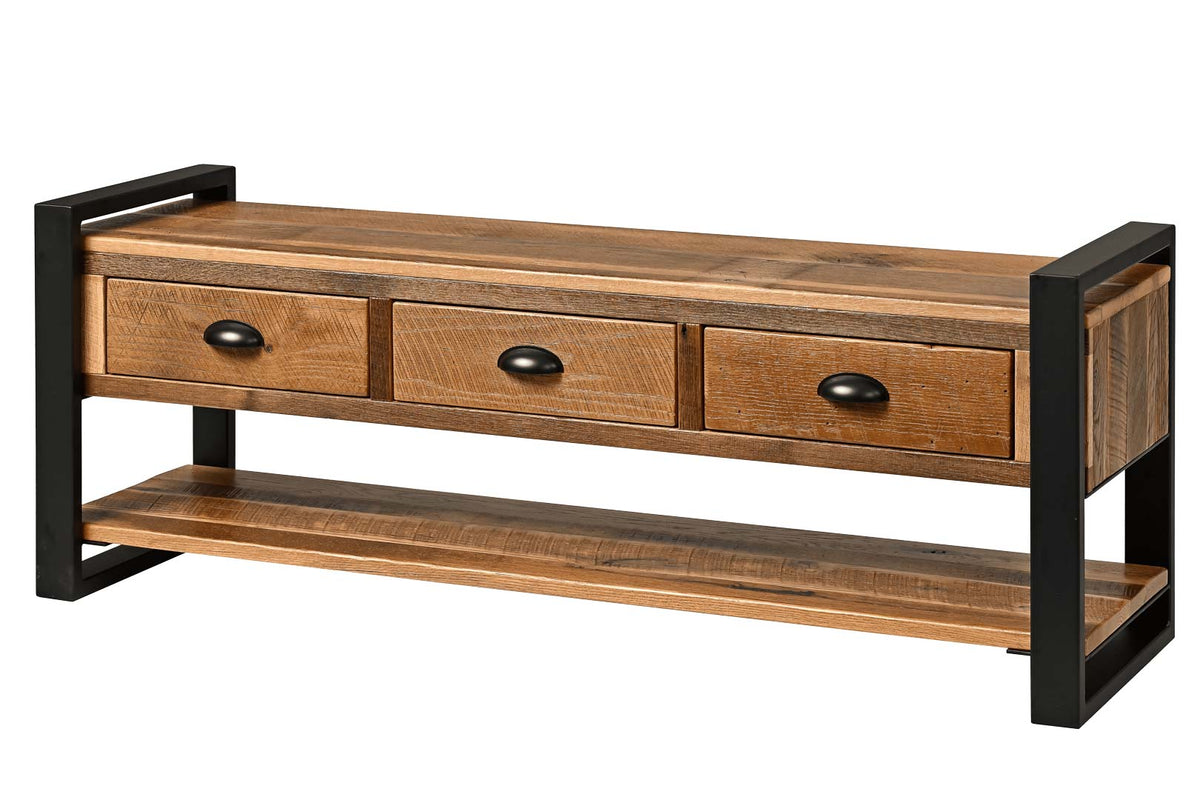 A rustic wooden TV stand or console table with three drawers, three black metal pulls, and a lower open shelf, supported by a black metal frame, shown on a white background.