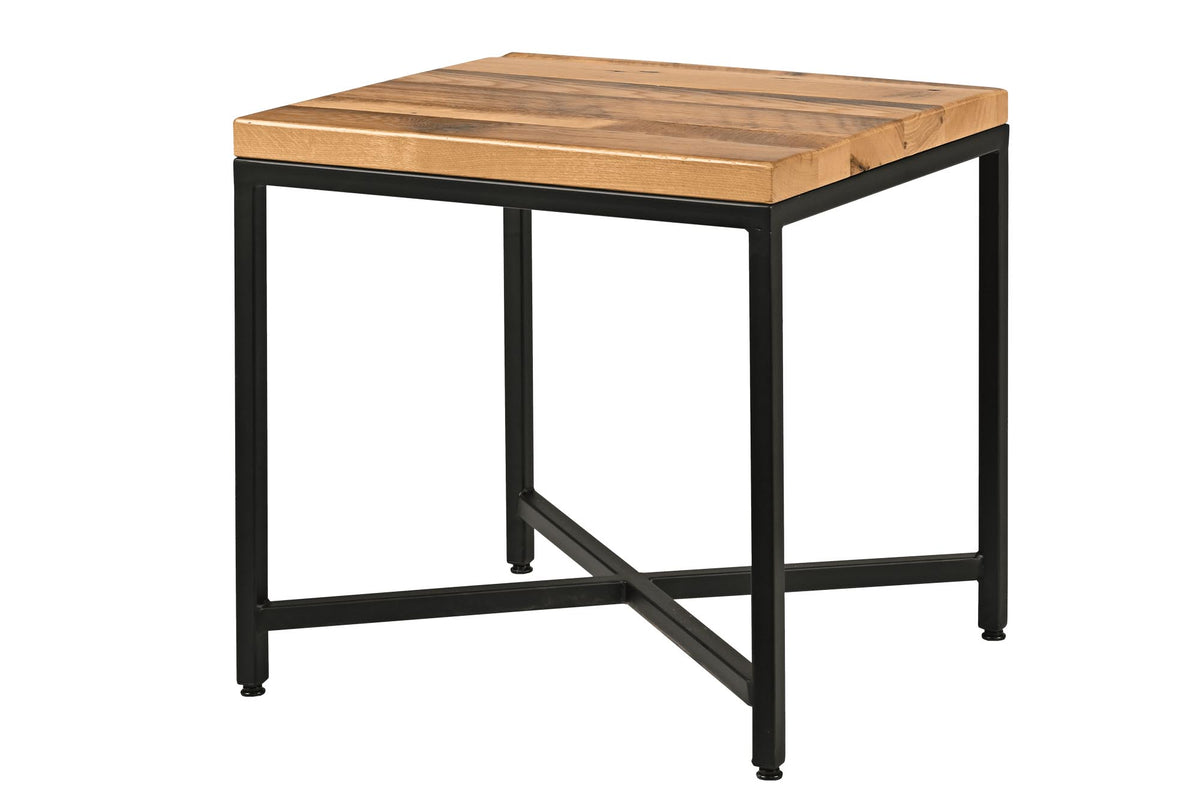 A square side table with a light natural wood top and a black metal frame base, shown against a plain white background.